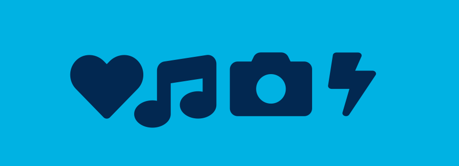 Icons of heart, music note, camera and lightening.
