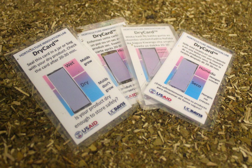 DryCards are available in English, Swahili, Spanish and French (also in Bangla and Urdu, not shown) as samples from the Horticulture Innovation Lab.