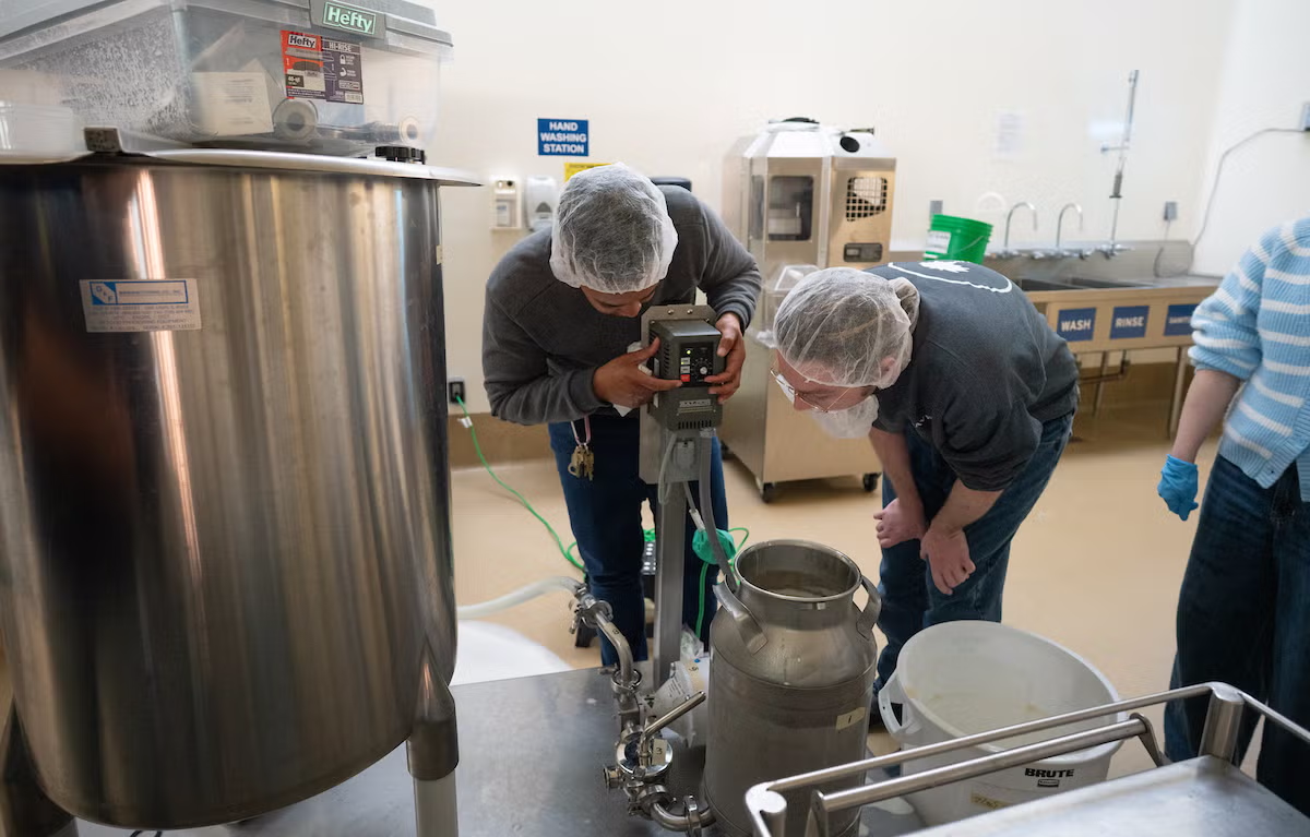 Amy Fletcher, Pilot Plant manager, and Reid Waterman, third-year food science major, start the ice cream maker in the pilot food processing facility on the UC Davis campus. Store-bought ice cream usually falls into the "ultra-processed" food category. (Alysha Beck / UC Davis)