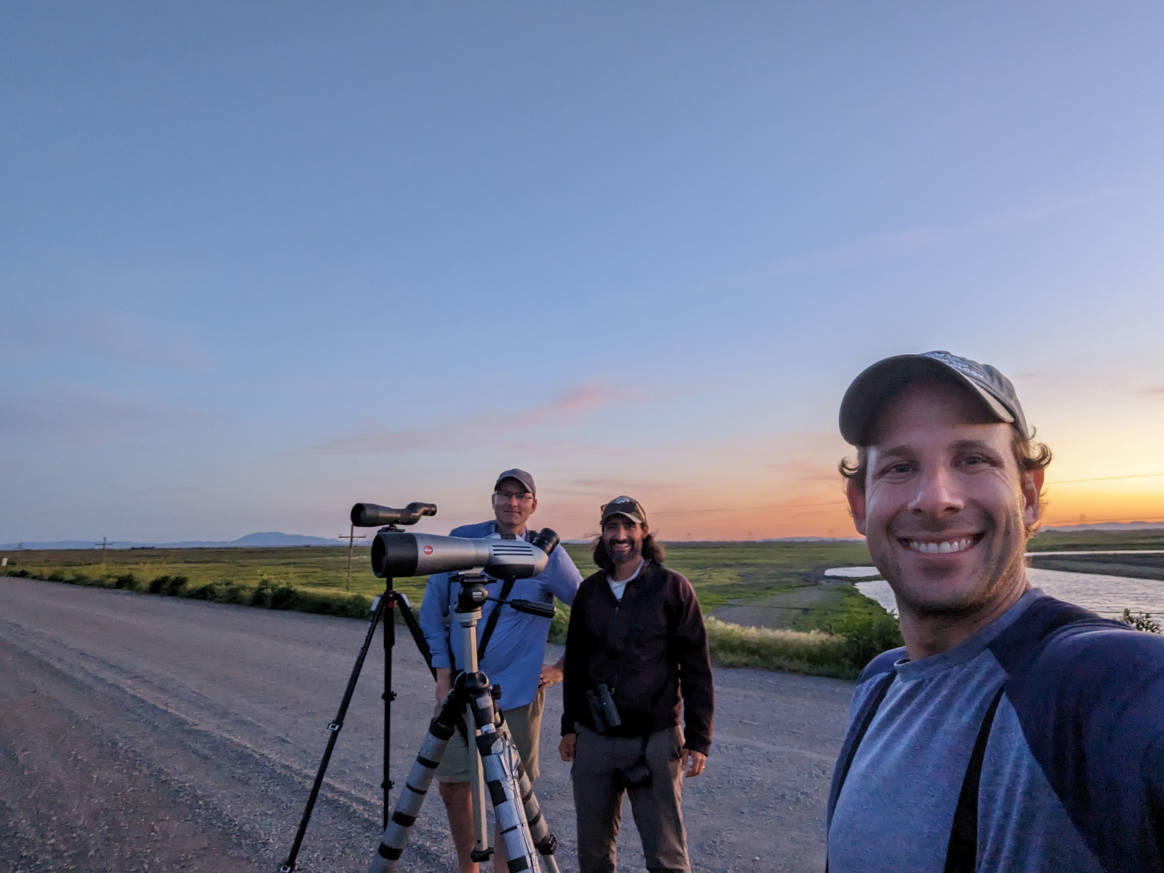 (L-R) Rob Furrow, Jason Riggio and Daniel Karp at the end of a previous Big Day in Solano County in 2023. Photo by: Daniel Karp, UC Davis.