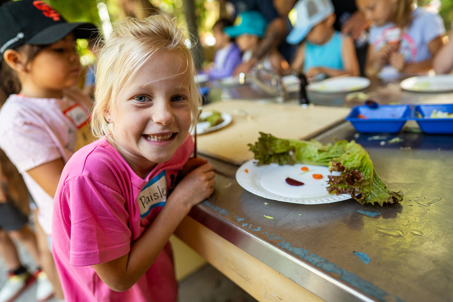 Children harvested lettuce growing in the Ecological Garden and made veggie face plates, which they were later able to taste. Photo by: Jael Mackendorf, UC Davis