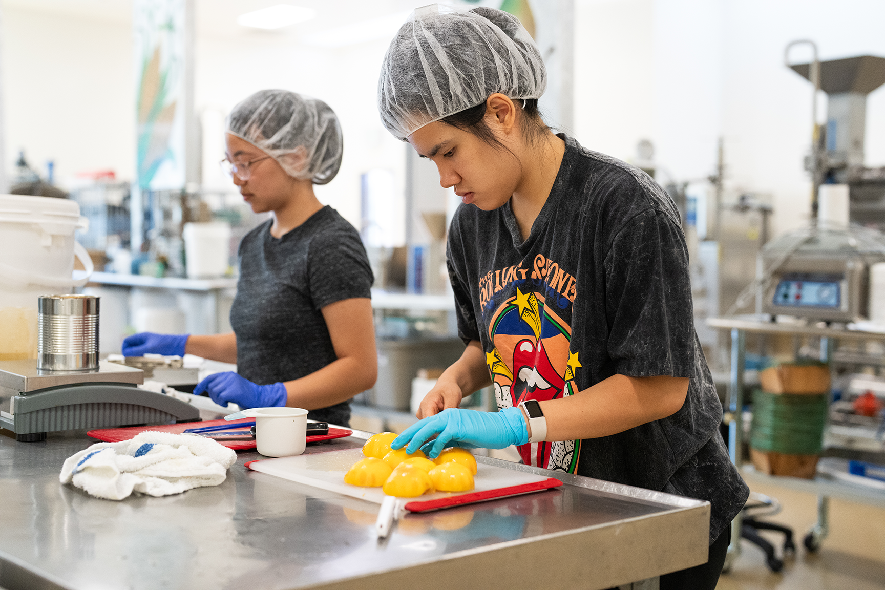 Two people work together to process peaches.