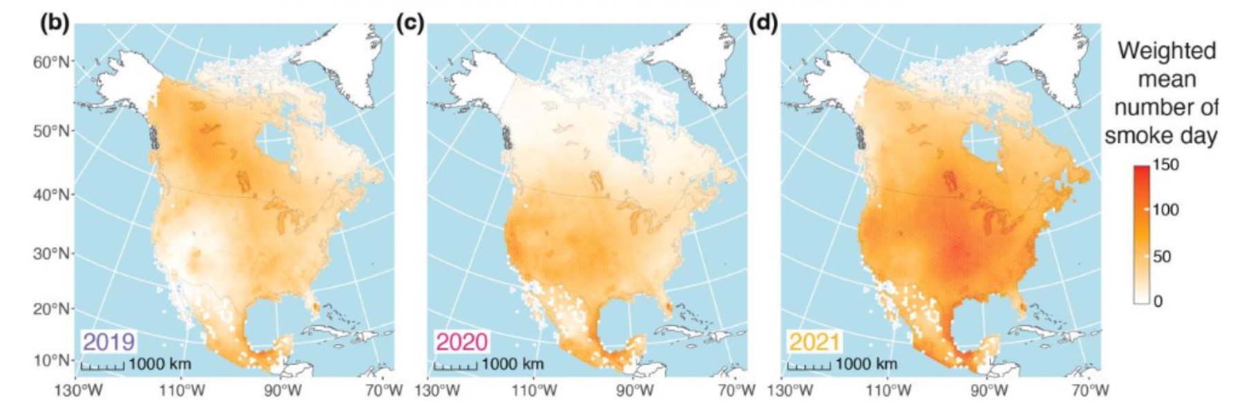 These maps from the study show the mean number of smoke-days across North America for (b) 2019, (c) 2020, and (d) 2021. (EPSG)