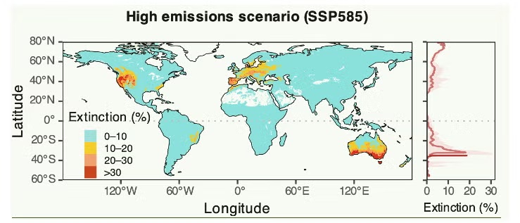 Graphic world map of projected species extinctions by region under high‑emissions