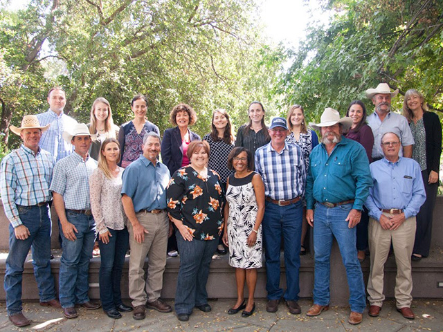 In 2018, Ken Tate arranged a meeting through the UC Davis Rustici Rangeland and Cattle Research Endowment between stakeholders and the office of the dean of the UC Davis College of Agriculture and Environmental Sciences. Participants set priorities for funding research and found ways to improve collaboration on top issues facing the industry. Tate, bottom row, seventh from left, stands next to CA&ES Dean Helene Dillard, sixth from left. Top row, last on right, is CA&ES Executive Associate Dean Anita Oberbau