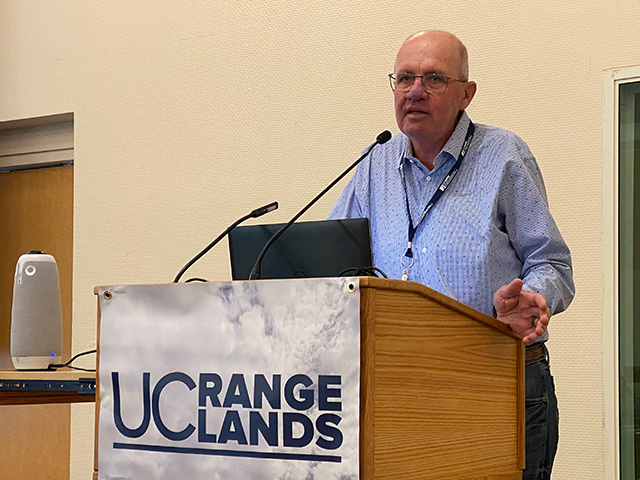 In 2018, Ken Tate arranged a meeting through the UC Davis Rustici Rangeland and Cattle Research Endowment between stakeholders and the office of the dean of the UC Davis College of Agriculture and Environmental Sciences. Participants set priorities for funding research and found ways to improve collaboration on top issues facing the industry. Tate, bottom row, seventh from left, stands next to CA&ES Dean Helene Dillard, sixth from left. Top row, last on right, is CA&ES Executive Associate Dean Anita Oberbau