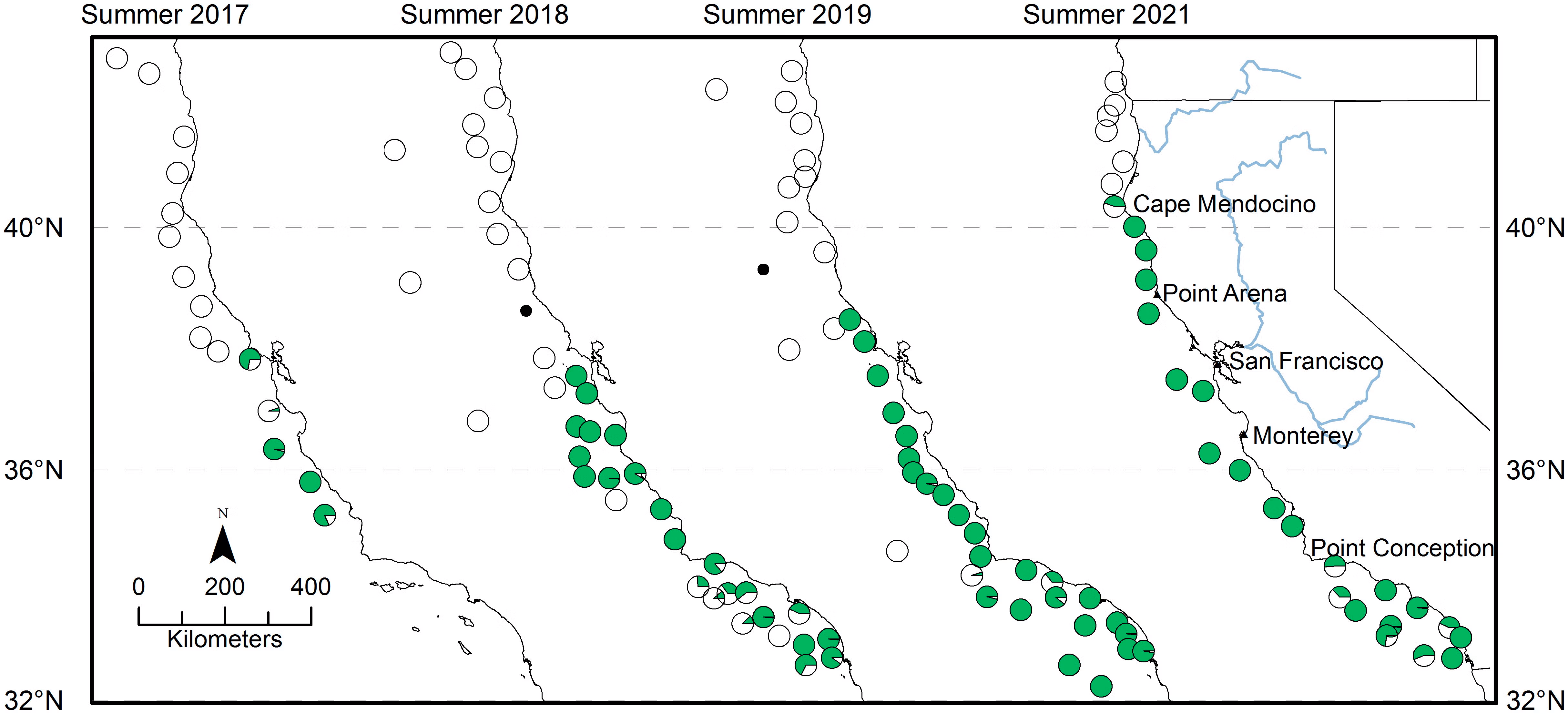 This figure from the study shows the shift to and northward expansion of an anchovy-dominated forage base from 2017 to 2021. (NOAA Fisheries)