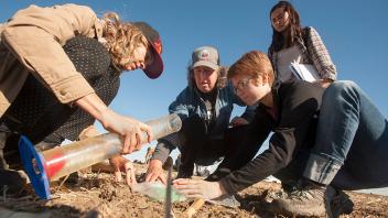 Professor Kate Scow (center, in hat) help students analyze infiltration rates in different soils at Russell Ranch Sustainable Agriculture Facility. (Gregory Urquiaga/UC Davis)