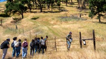 Assistant Professor Marshall McMunn led a group of animal biology undergrad students through the Cahill Riparian Preserve as part of their classwork studying Acorn Woodpeckers. (Jael Mackendorf / UC Davis) 
