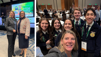 A collage of two photos, on the left a two people stand together in front of a stage. On the right, a person takes a selfie with a group of young people in FFA jackets.
