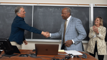 Distinguished Professor John Eadie with the Department of Wildlife, Fish and Conservation Biology was greeted by Chancellor Gary May, who announced Eadie as the winner of the UC Davis Prize for Undergraduate Teaching and Scholarly Achievement.
