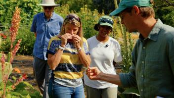 A person holds a plant to smell it while others around her watch.