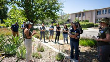 Jessica Colvin, continuing lecturer in landscape architecture, gave a tour of the Robbins Hall landscape sharing insights and ideas during a recent NatureRX Landscape Tour and Tea event. 