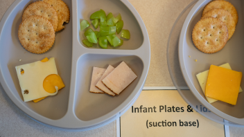 A plate of food for an infant with cheese, crackers, sliced meat and sliced grapes.