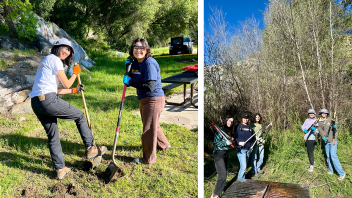 Collage of students working outside.