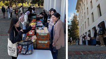 A photo collage of people standing in line to receive snacks.