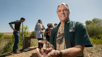 Professor John Eadie holds a duckling while collecting data for his wood duck research.