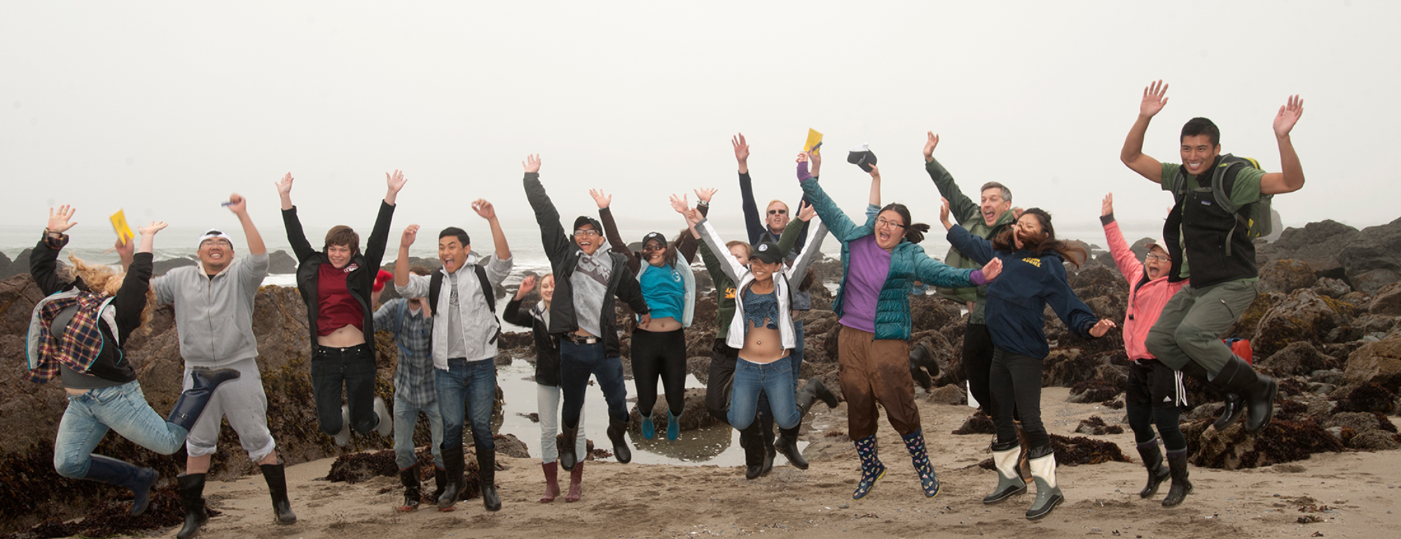 For a group photo, the students gather with Professor Eric Sanford (dept of Population Biology and dept of Evolution and Ecology, CBS, resident faculty at BML) during a summer class for undergraduate at Bodega Marine Lab at Pinnacle Gulch Tide Pools on July 13, 2017.