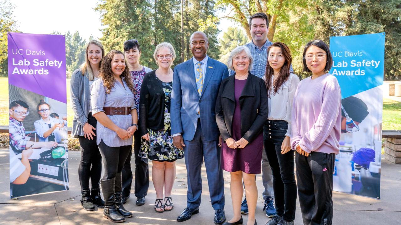 Chancellor Gary May and CA&ES Associate Dean Patsy Eubanks Owens (center) join Linda Harris and her team to celebrate their award. Chancellor Gary May and CA&ES Associate Dean Patsy Eubanks Owens (center) join Linda Harris and her team to celebrate their award.