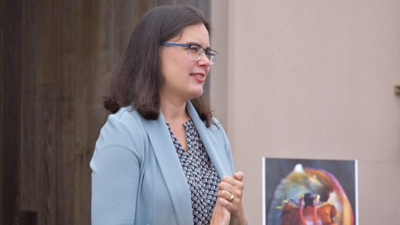 Kristin Aquilino, program manager for the white abalone captive breeding program, gives heartfelt words during their "graduation" ceremony at UC Davis Bodega Marine Laboratory in late August 2019. Photo: Ellen Caminiti/UC Davis