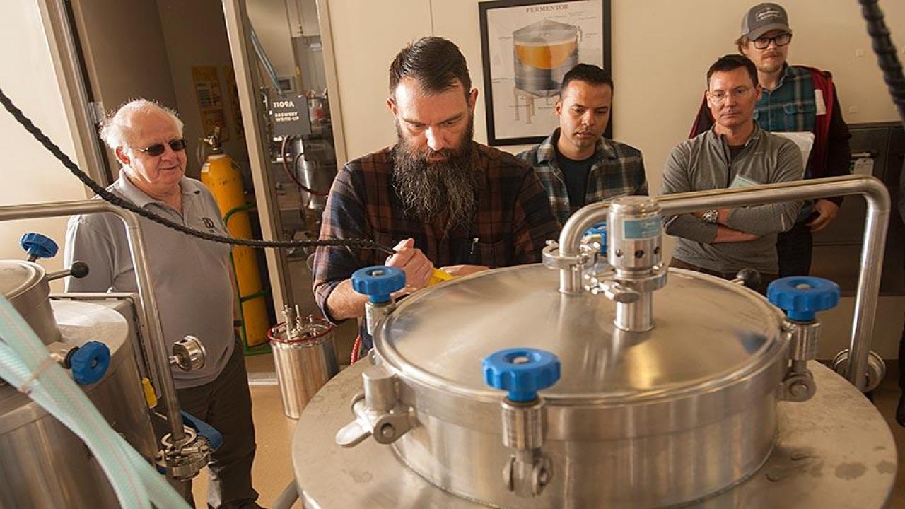 Professor Charlie Bamforth, left, and brewer Joe Williams, second from left, confer as beer is brewed in the UC Davis brewery. (Gregory Urquiaga/UC Davis) Professor Charlie Bamforth, left, and brewer Joe Williams, second from left, confer as beer is brewed in the UC Davis brewery. (Gregory Urquiaga/UC Davis)