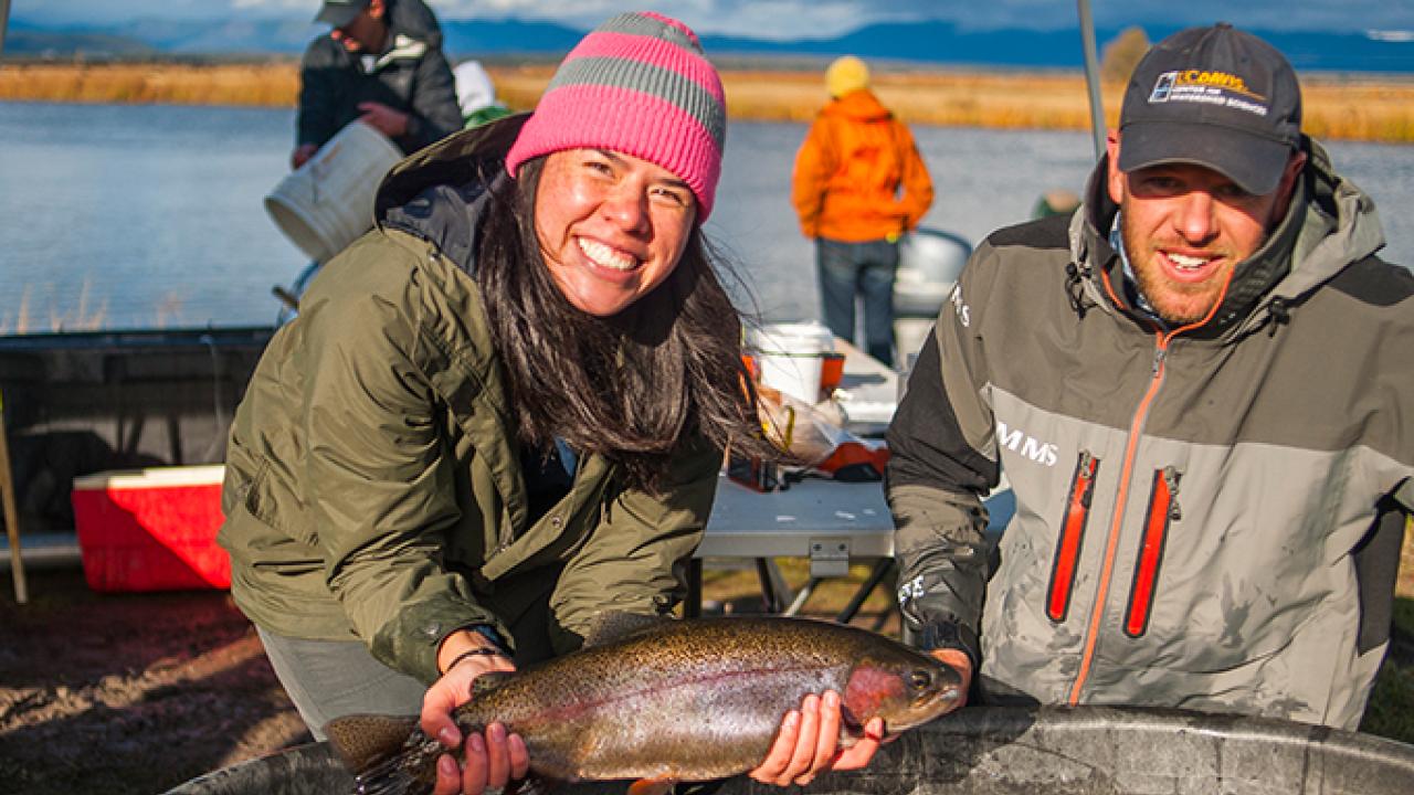 Undergraduate Dana Myers (left) joins researcher Carson Jeffres of the Center for Watershed Sciences for a day of tagging rainbow trout on the Fall River. (Photo by Val Atkinson) Dana Myers