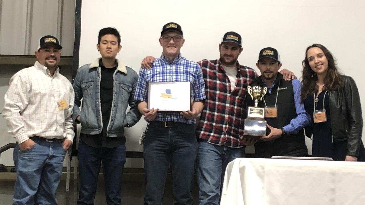 The UC Davis team, from left: Caleb Sehnert, Meat Lab manager and team coach; and student employees Josh Cheng, Jared Hickory, Jackson MacLeane, Mario Valdez (reserve grand champion) and Chyanne Hughes (grand champion). The UC Davis team, from left: Caleb Sehnert, Meat Lab manager and team coach; and student employees Josh Cheng, Jared Hickory, Jackson MacLeane, Mario Valdez (reserve grand champion) and Chyanne Hughes (grand champion).