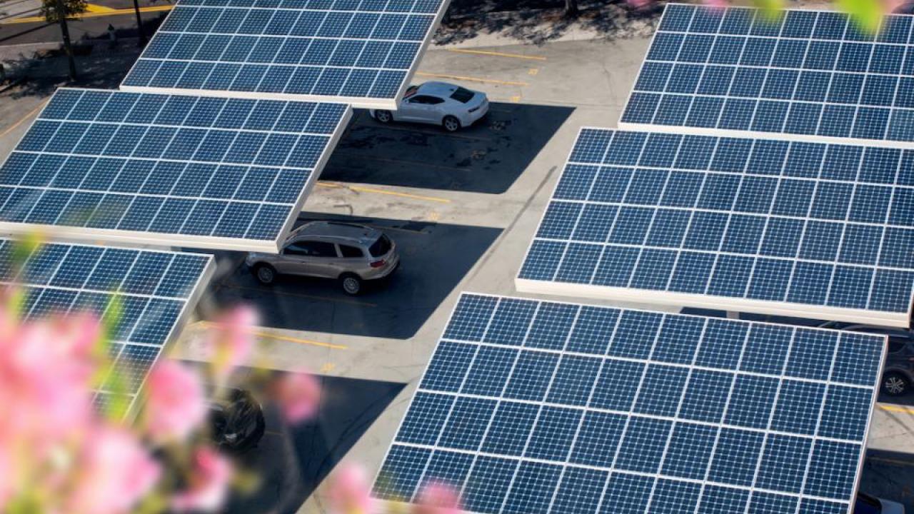 Solar panels shade cars, produce energy and spare natural lands at this parking lot in Atlanta, Georgia. (Getty)