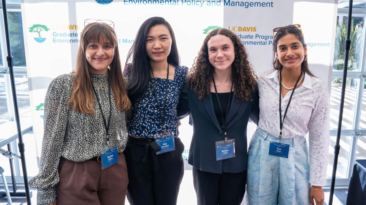 (L-R): Teammates Sophia Collins, May Myo Myint, Morgan Hickey and Tara Khan collaborated with CalRecycle on a research project on the landscape of artificial intelligence within the waste management industry. Photo courtesy of Jenevieve E. Bohmann.
