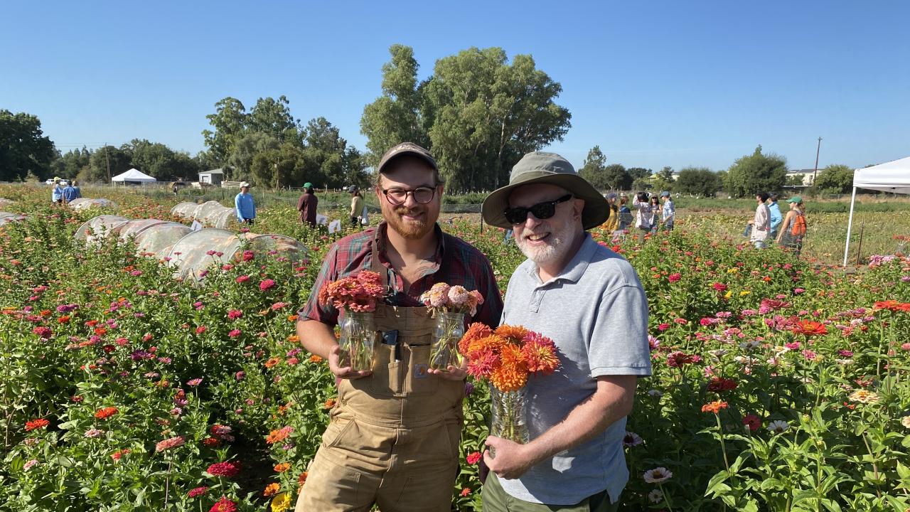 Doctoral student Will Hazzard, who leads the SCOPE program zinnia team with Professor Charlie Brummer. (Trina Kleist / UC Davis)