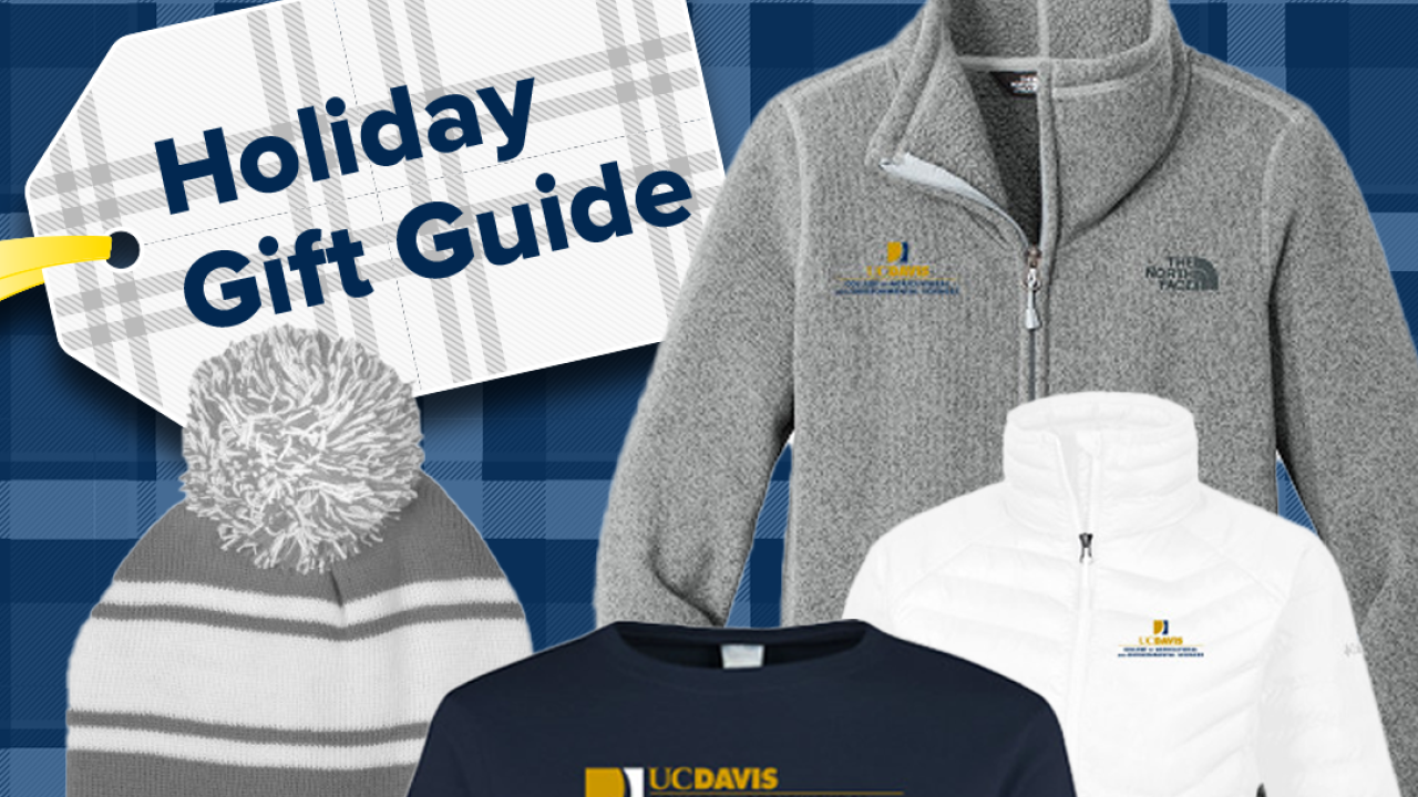 A tag says "Holiday Gift Guide" with images of a shirts, hats and coats with the UC Davis CA&ES logo.