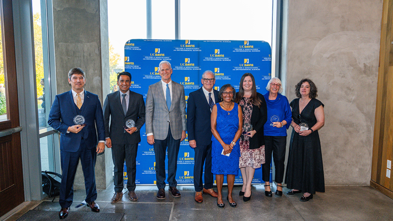 Dean Helene Dillard with this year’s Award of Distinction honorees during a ceremony to recognize their lasting impact on the college. Photo by: Leroy Yau, UC Davis