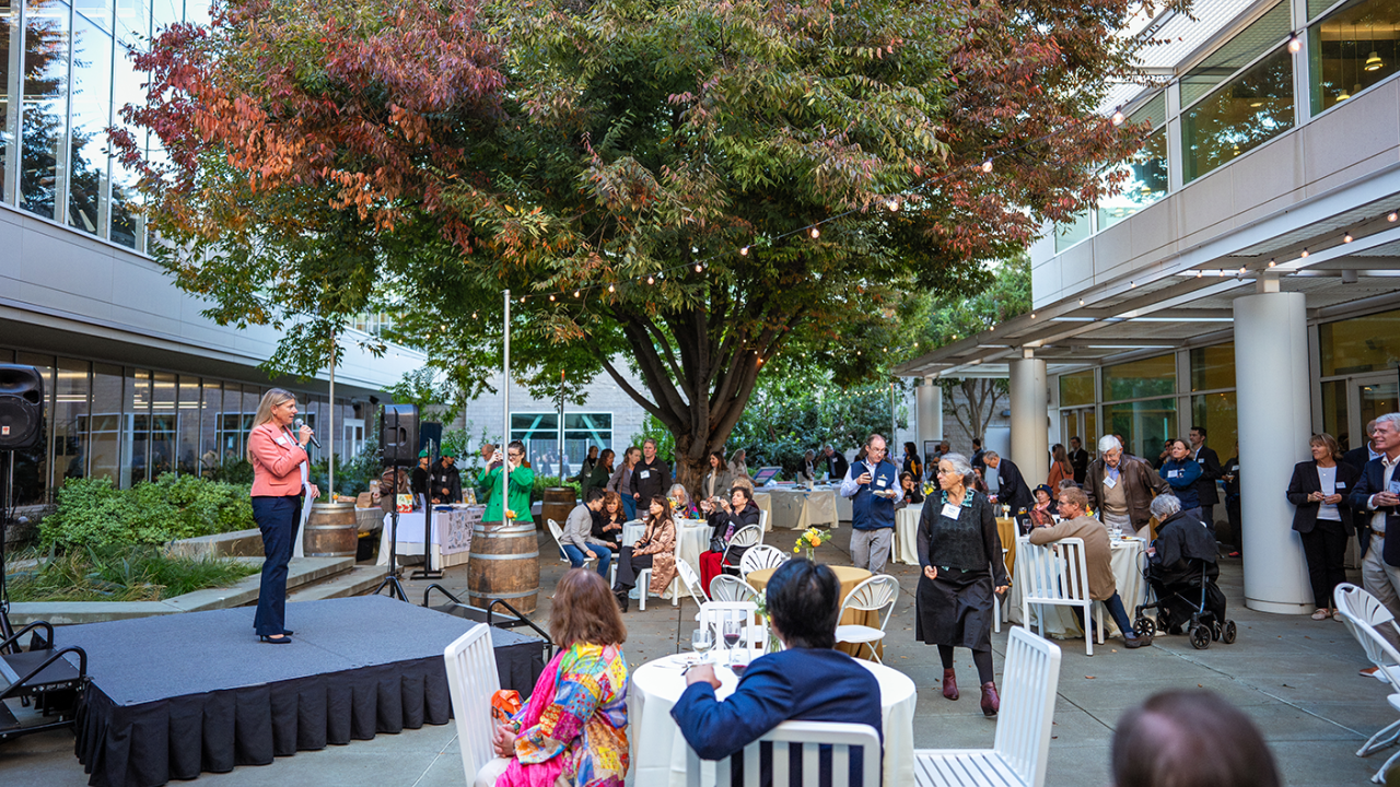 A person standing on a stage in front of a crowd.