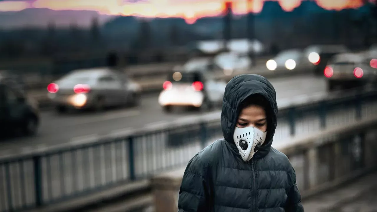 The photo shows a person standing on a bridge, looking out at a road with cars moving below.