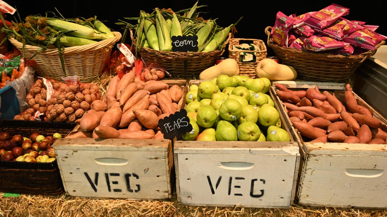 A variety of vegetables and fruits are on display.