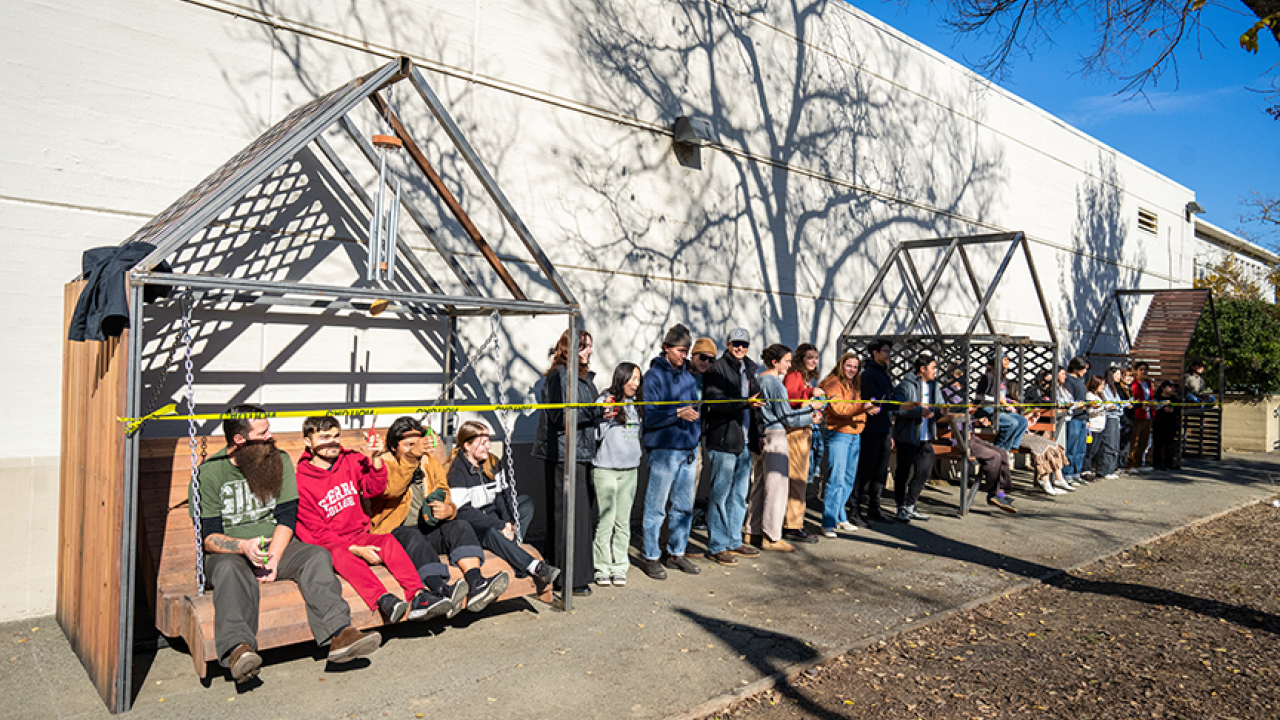 Three new architectural follies, designed and built by students, were installed outside of Hunt Hall, home of the landscape architecture + environmental design program. Photo by: Jael Mackendorf, UC Davis