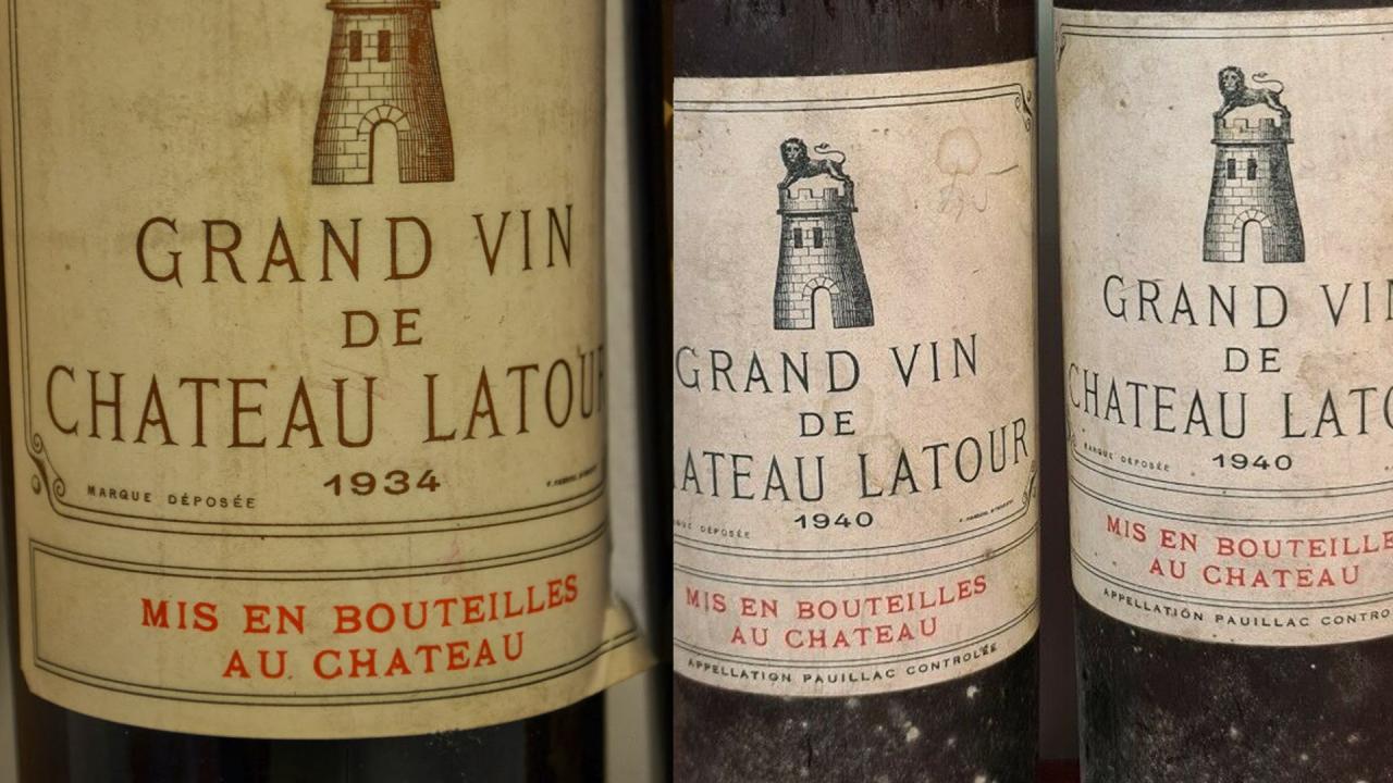 Wine labels of Château Latour a famous pauillac, for 1934 and 1940 vintages. The AOC is mentioned at the very bottom of the 1940 label.