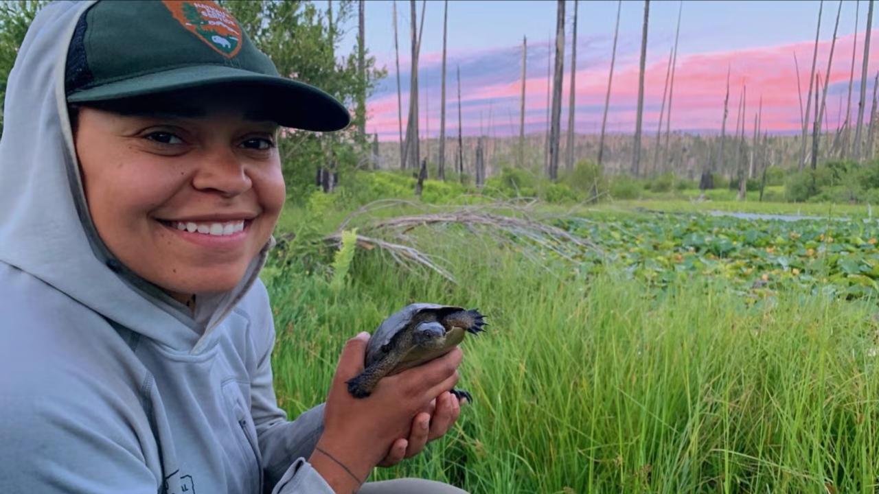 Sidney Woodruff of UC Davis holds a northwestern pond turtle at a field site in Yosemite. (Courtesy Sidney Woodruff)
