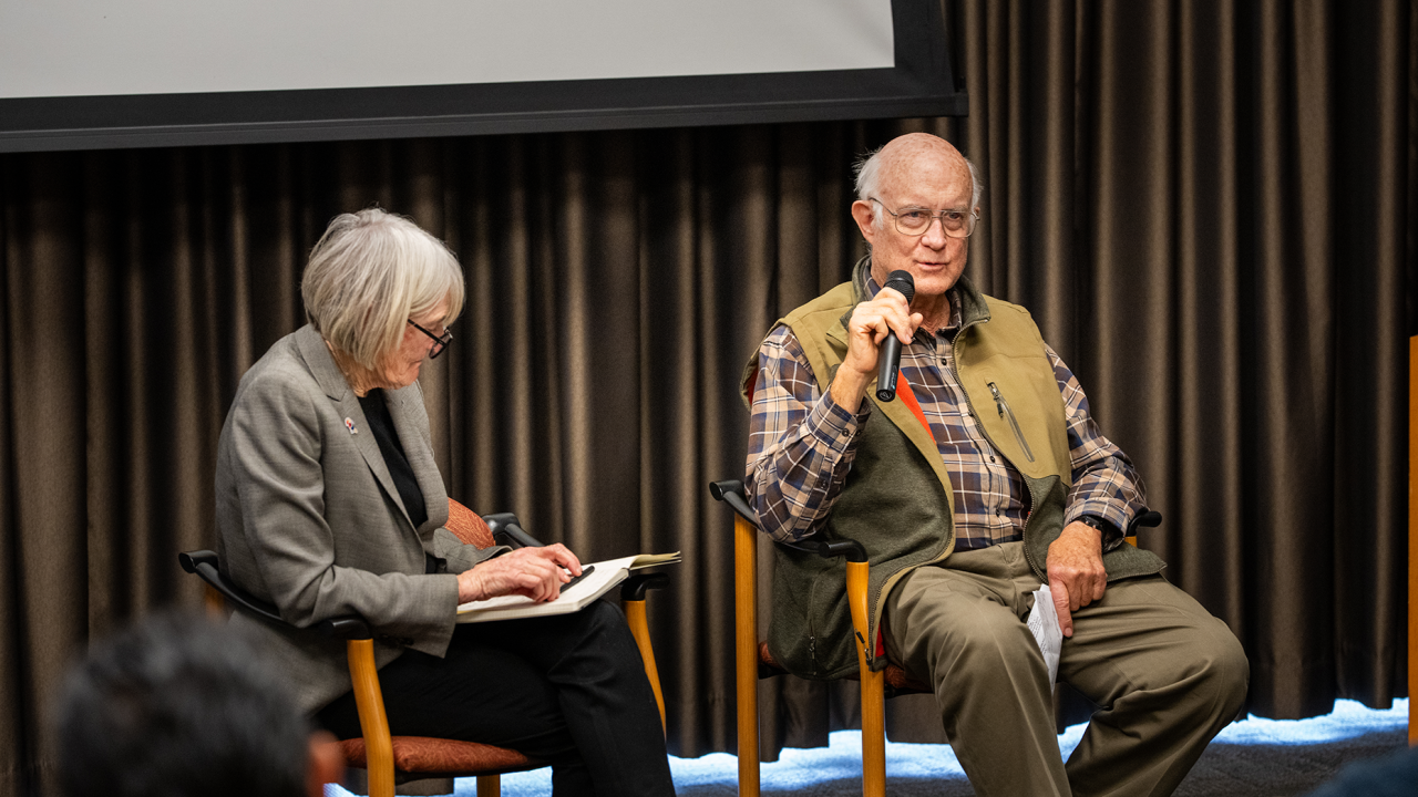 Rod Stiefvater, whose donation created the Louise Ferguson and Craig Kallsen Pistachio Research Fund, speaking at a Department of Plant Sciences seminar on Feb. 12, 2025. (Jael Mackendorf / UC Davis)
