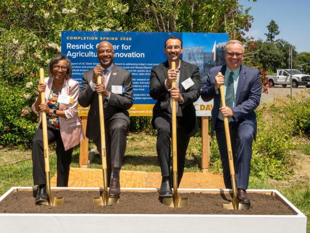 CA&ES Dean Helene Dillard, Chancellor Gary S. May, Wonderful Company’s Chief Operating Officer of Corporate Social Responsibility Andy Anzaldo and Vice Chancellor for Development and Alumni Relations Shaun Keister at the groundbreaking of the Lynda and Stewart Resnick Center for Agricultural Innovation. (José Luis Villegas/ UC Davis)
