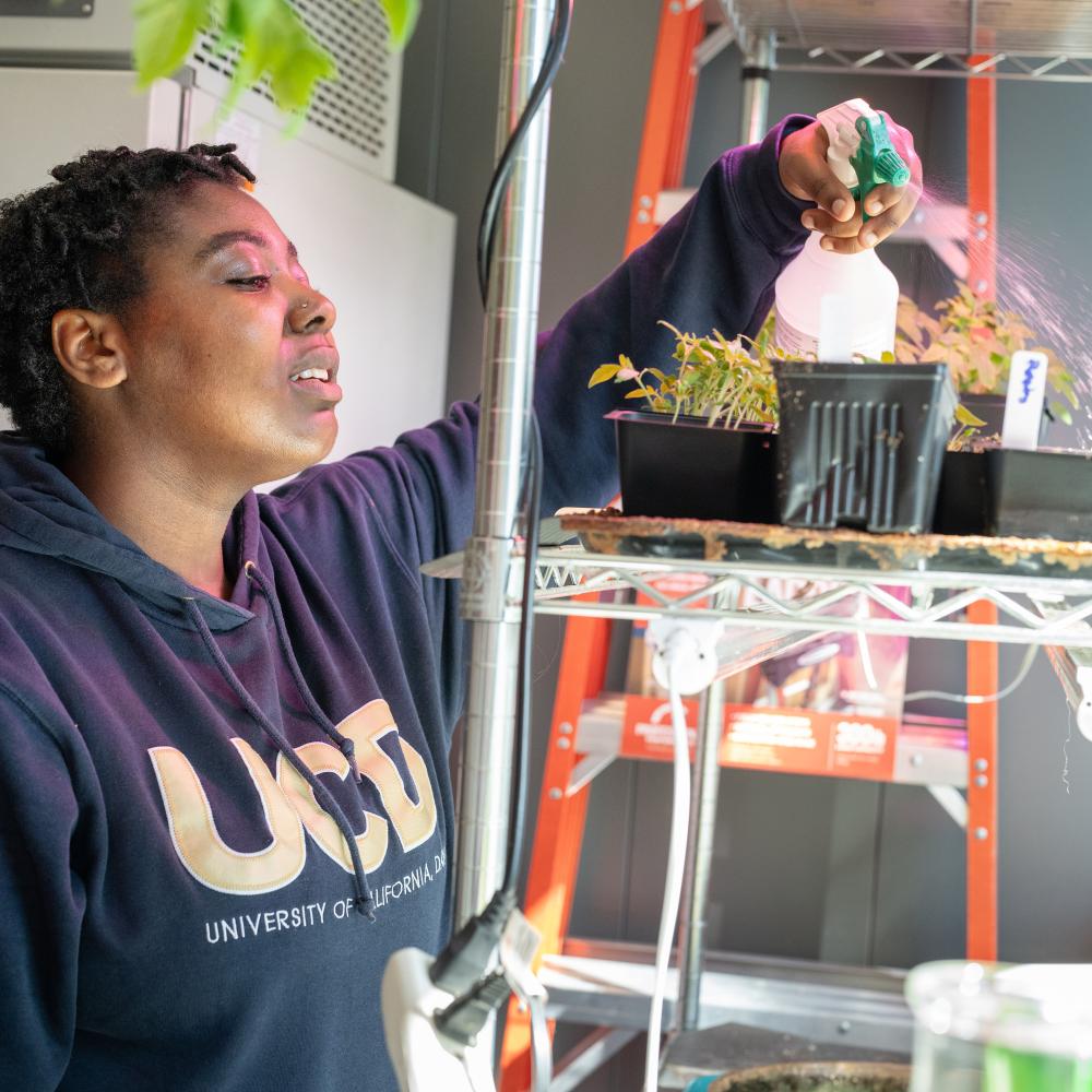 A students assists on research at the Contained Research Facility.