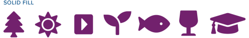Filled in icons of a tree, sun, play button, plant, fish, goblet and mortar board
