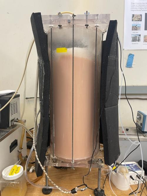 A bioreactor under operation in Zhang’s lab for cultivating microbes for PHA production.