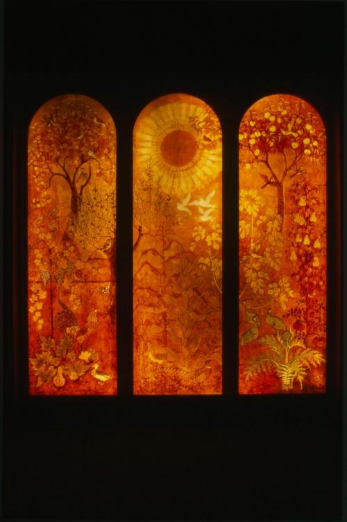 Original batik art panels that were installed in Cruess Hall in 1968, photo courtesy of UC Davis Special Collections