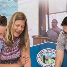 People laughing around table