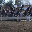 A student riding a horse in an arena.