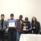 The UC Davis team, from left: Caleb Sehnert, Meat Lab manager and team coach; and student employees Josh Cheng, Jared Hickory, Jackson MacLeane, Mario Valdez (reserve grand champion) and Chyanne Hughes (grand champion).
