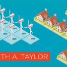 An illustration of wind turbines and homes featured on the cover of "Governing the Wind Energy Commons: Renewable Energy and Community Development."