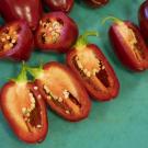 Red jalapeños sliced on a cutting board.