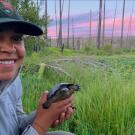 Sidney Woodruff of UC Davis holds a northwestern pond turtle at a field site in Yosemite. (Courtesy Sidney Woodruff)